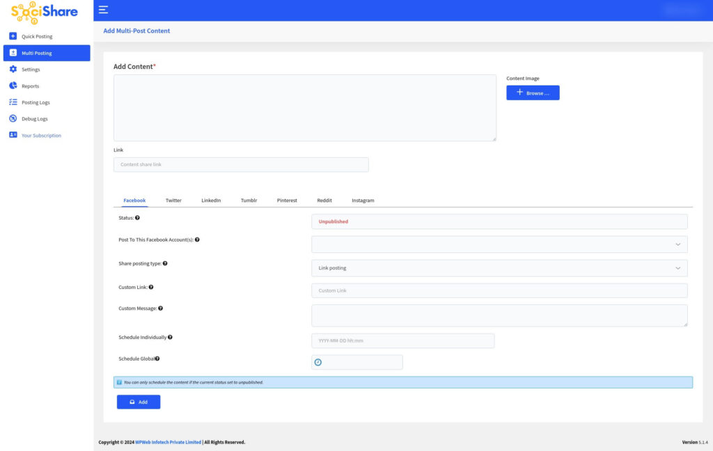 Social media post creation interface SociShare, Social Media Management