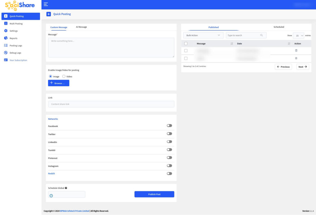 Social media management dashboard interface, SociShare, Social Media Management