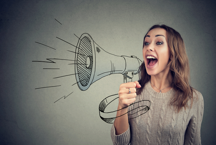 Woman shouting through illustrated megaphone SociShare Social Media Management