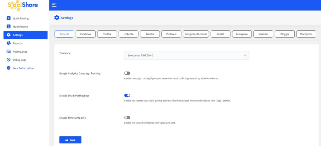 Settings panel for managing social platforms, SociShare, Social Media Management