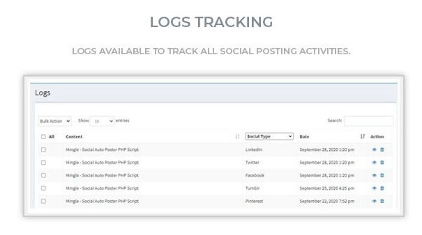 Logs tracking interface for social media activities, SociShare, Social Media Management