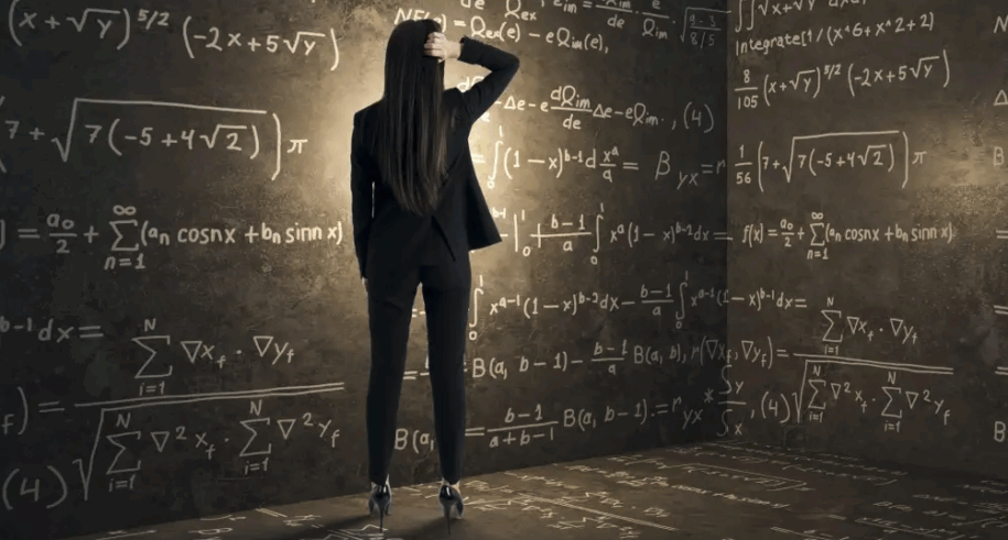 Woman solving equations on chalkboard wall, SociShare, Social Media Management