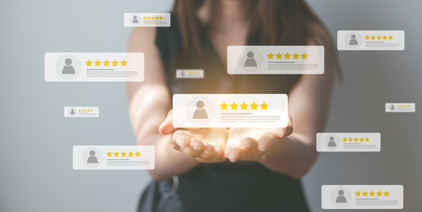 Hands holding digital reviews and ratings, SociShare, Social Media Management