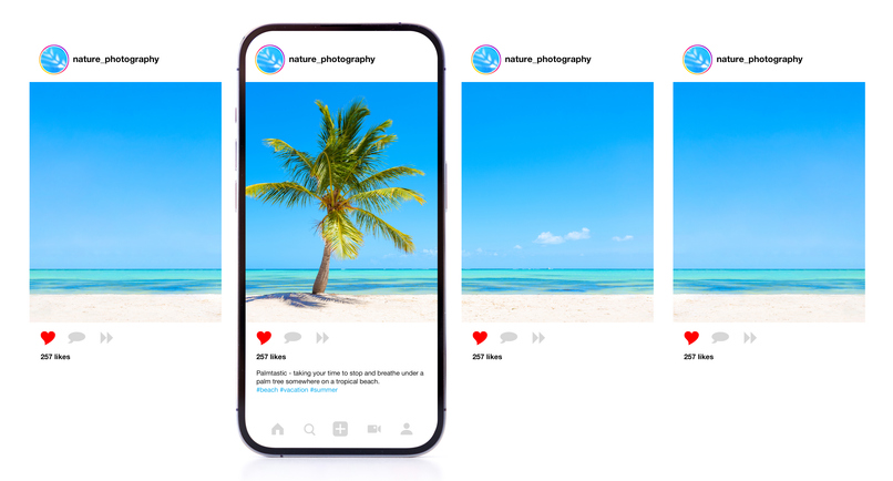 Social media posts featuring beach scenery, SociShare, Social Media Management