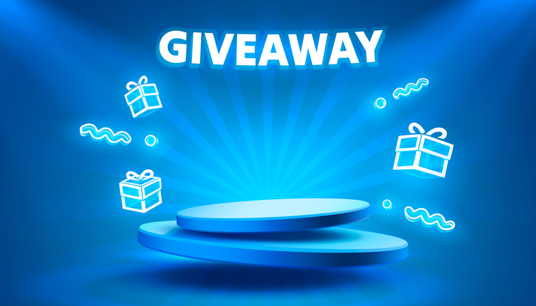 Giveaway announcement with blue spotlight background, SociShare, Social Media Management