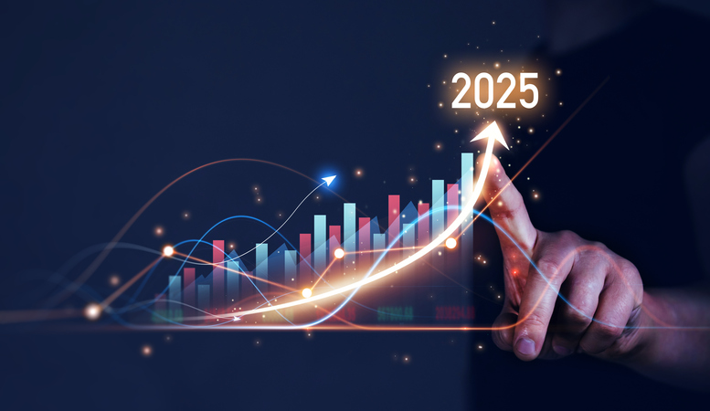 Rising business graph with 2025 projection, SociShare, Social Media Management